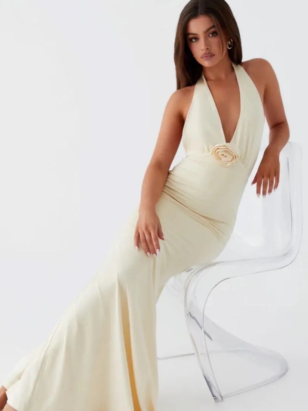 Peppermayo Pale Yellow Halter Maxi Dress with Floral Accent